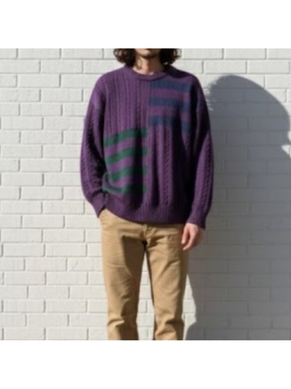 Vintage 90s Purple Knit Bright Abstract Crew Grandpa Sweater Cotton Size Large